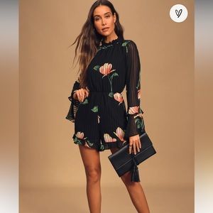 Lulu’s Talking Sweet Black Floral Print Long Sleeve Cutout Romper